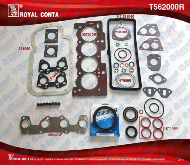 ROYAL T562000R Motor Takim Contasi (Alt / Ust Full) ( 72-75mm ) Reinz Keceli Subap Lastikli (S.K.C Dahil) P106-P206-P306-P207-P307-P205 1.4 72-74hp Tu3a 02/06